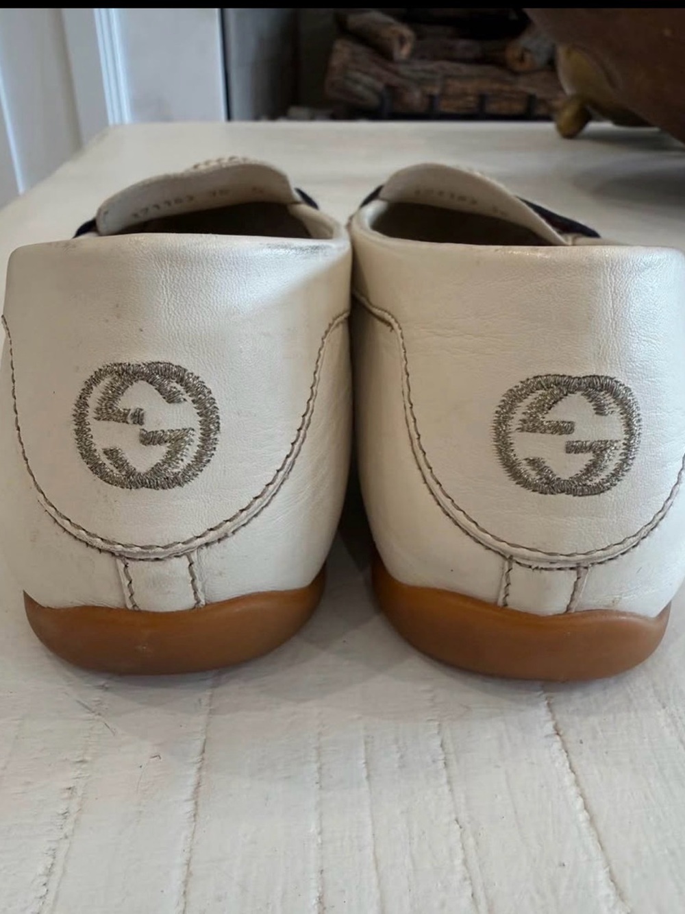 Gucci White Leather Penny Loafers with Red & Navy Classic Web- Woman’s - Picture 2 of 8